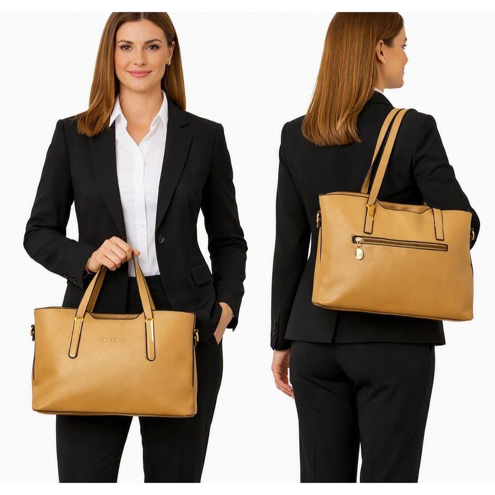 Sweet SA Mustard/Gold Tote Bag w/ Side Zipper Leather Women’s Handbag